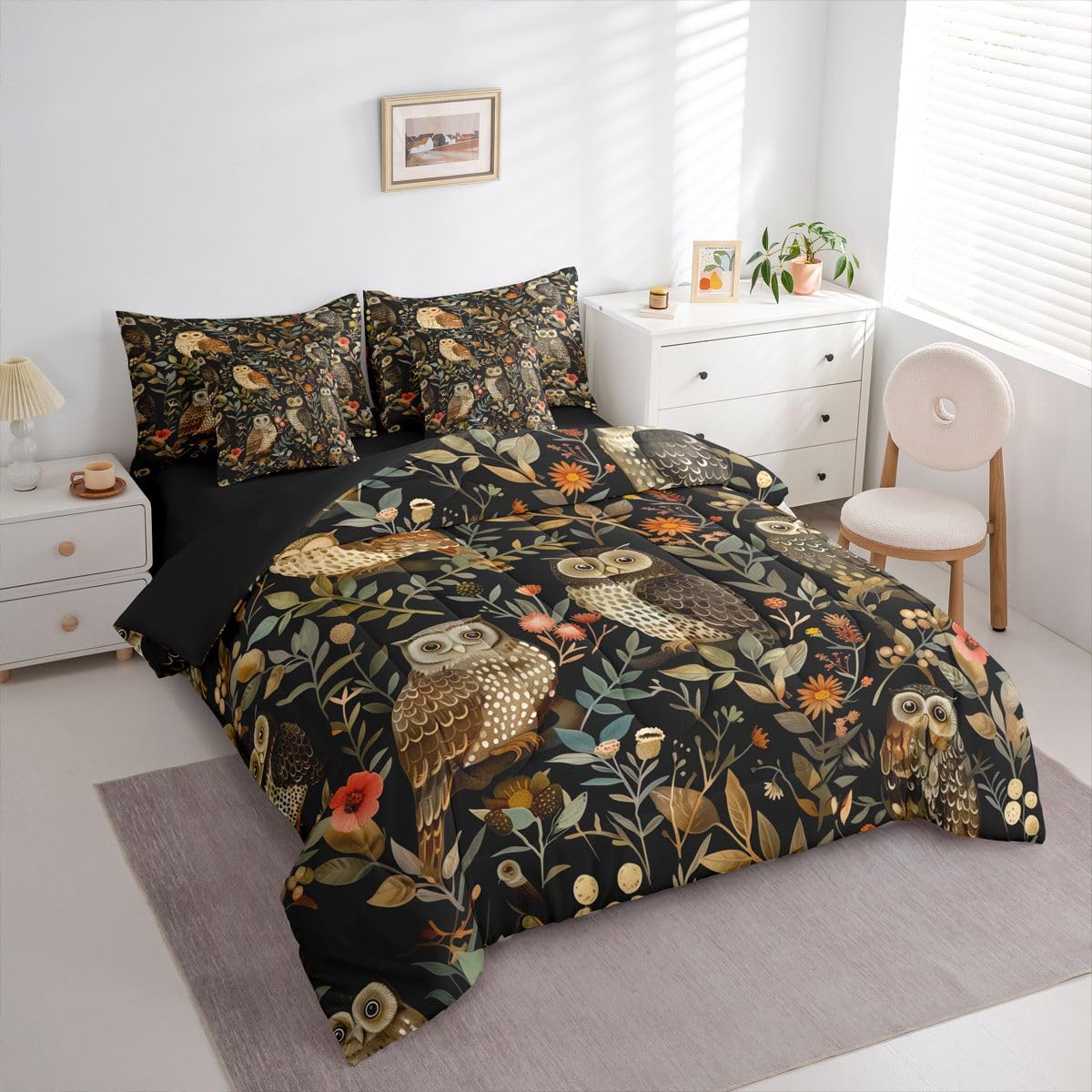 Erosebridal Kawaii Owl Queen Comforter Set 7 Pieces,Black and Brown Bed in A Bag,Wild Anima Bedding Set with Comforters, Sheets, Pillowcases Cute Bird Bedroom Decor