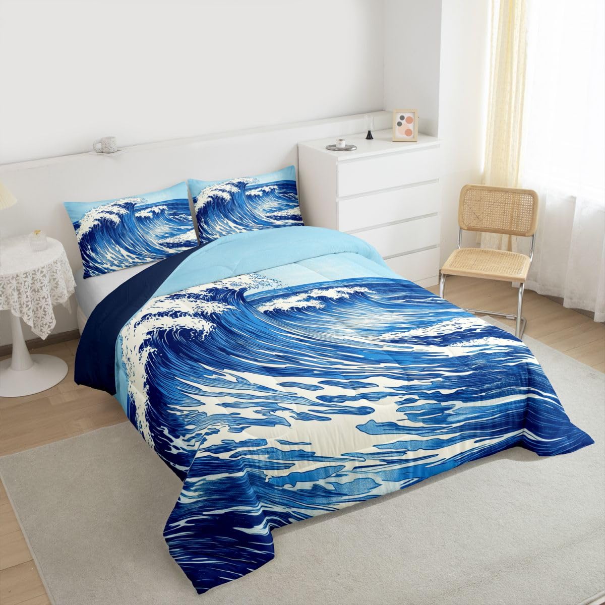 jejeloiu Wave Bedding Set Soft for Boys Girls, Ocean Wave Comforter Set Queen Size Japanese Style Duvet Quilt Microfiber Abstract Bedroom Decor 3 Pcs with 2 Pillow Cases