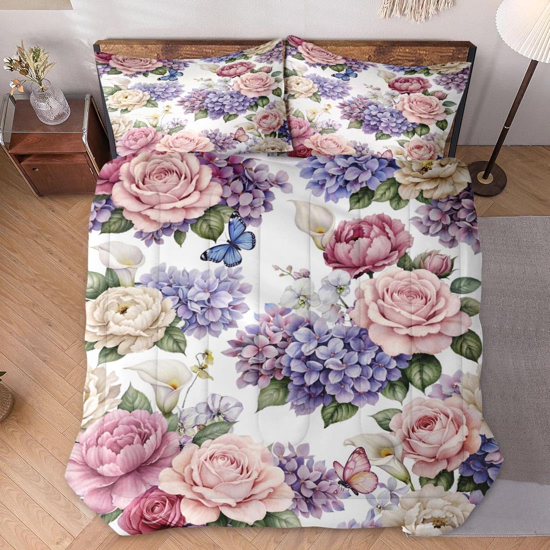WeCozy Twin Size Comforter Set with Pillowcase, Painting Floral Rose Flower Hydrangea Soft 2 Pcs Bedding for Kids and Adults Bedroom Bed Decor