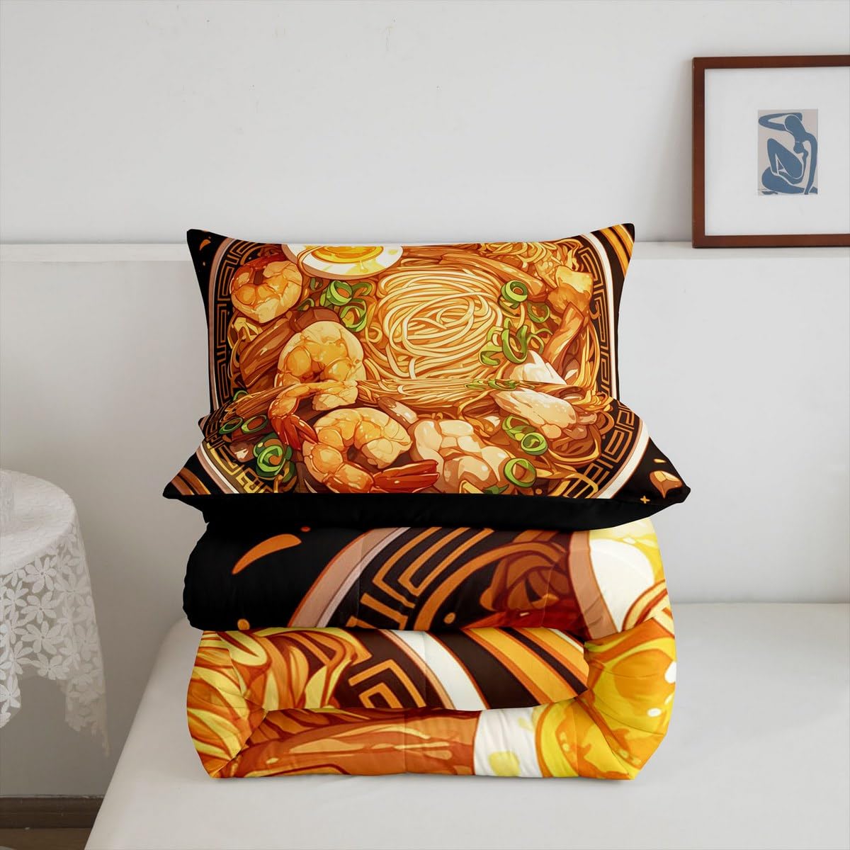 Erosebridal Ramen Noodle Queen Comforter Set,Japanese Ramen Bedding Set Funny Gifts for Kids Adults,Food Themed Quilt Bed Set Anime Style Bedding Comforter Sets with 2 Pillowcases Bedroom Decor