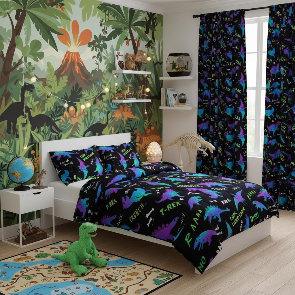 QOOMO Jurassic Dinosaur Comforter Queen Size, Black Cartoon Animals Kids Bedding Set, Suitability Girs and Boys Black Decorate a Room 1 Comforter Set 2 Pillowcases