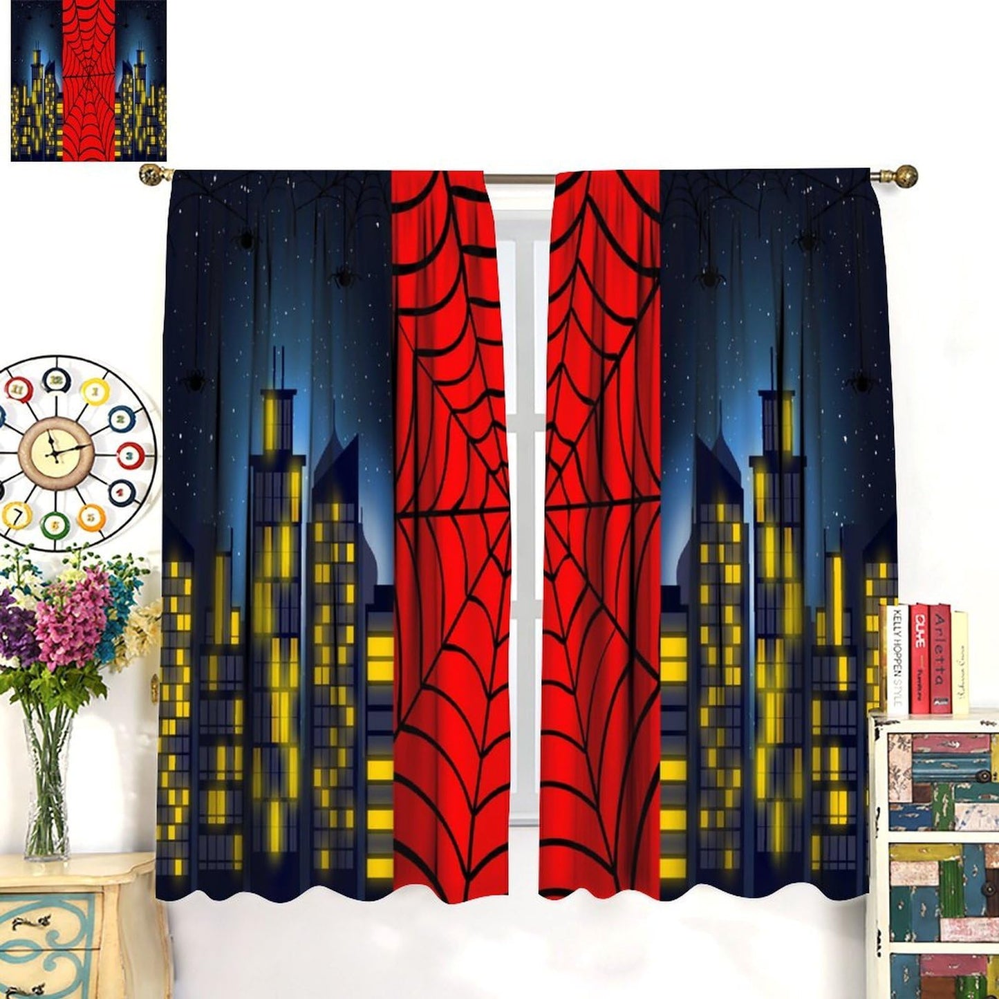 Djaby Spider Web Curtains, Red Scary Spider Web Super Hero Window Treatments Drapes for Kids Baby Nursery Room Bedroom Living Room 42" W X 45" L(No Blackout)