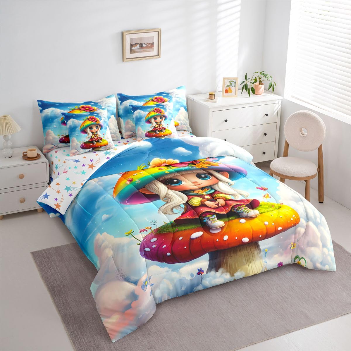Feelyou Cute Mushroom Decor Comforter Set with Sheets 7 Piece Twin Size Cartoon Mushrooms Bed in a Bag Kids Boys Girls Kawaii Fungus Bedding Set Rainbow Bedroom Decor Breathable Soft Lightweight