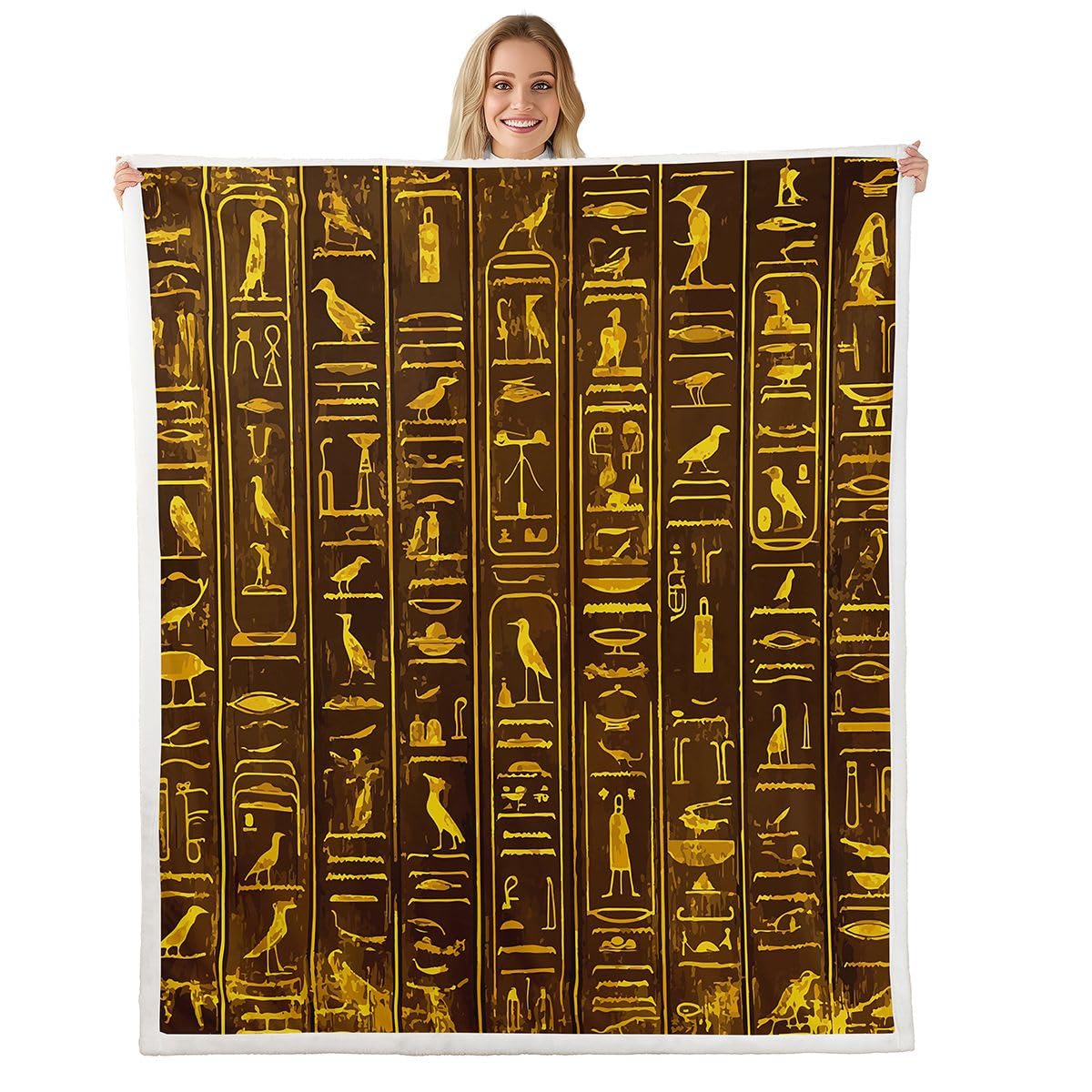 Ancient Egypt Fuzzy Blanket Egyptian Wall Pattern Sherpa Blanket for Sofa Bed Couch Ultra Soft Egypt Culture Fleece Throw Blanket Tribal Bed Decor Fuzzy Blanket Throw 50"x60"