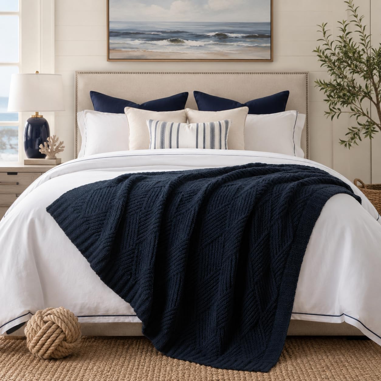 Battilo Navy Blue Chenille Throw Blanket for Couch, Soft Diamond Textured Knit Blanket, Cozy Lightweight Decorative Blankets for Sofa, 50"x60"