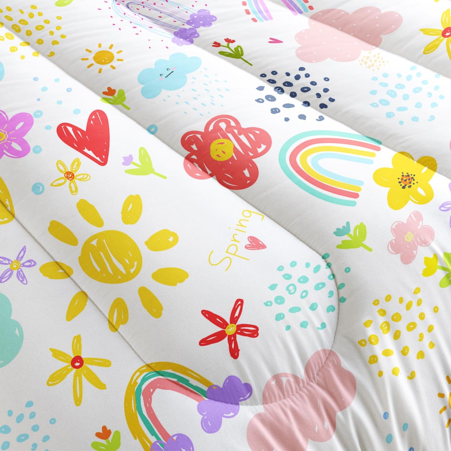 XYNHML Colorful Rainbow Comforter Graffiti Cute Sun Flowers Bedding 3Pcs Full Cartoon Hearts Cloud Pattern Quilt Set for Kids Teens Girls Boys Raindrop Bed Set with 1 Comforter and 2 Pillowcases