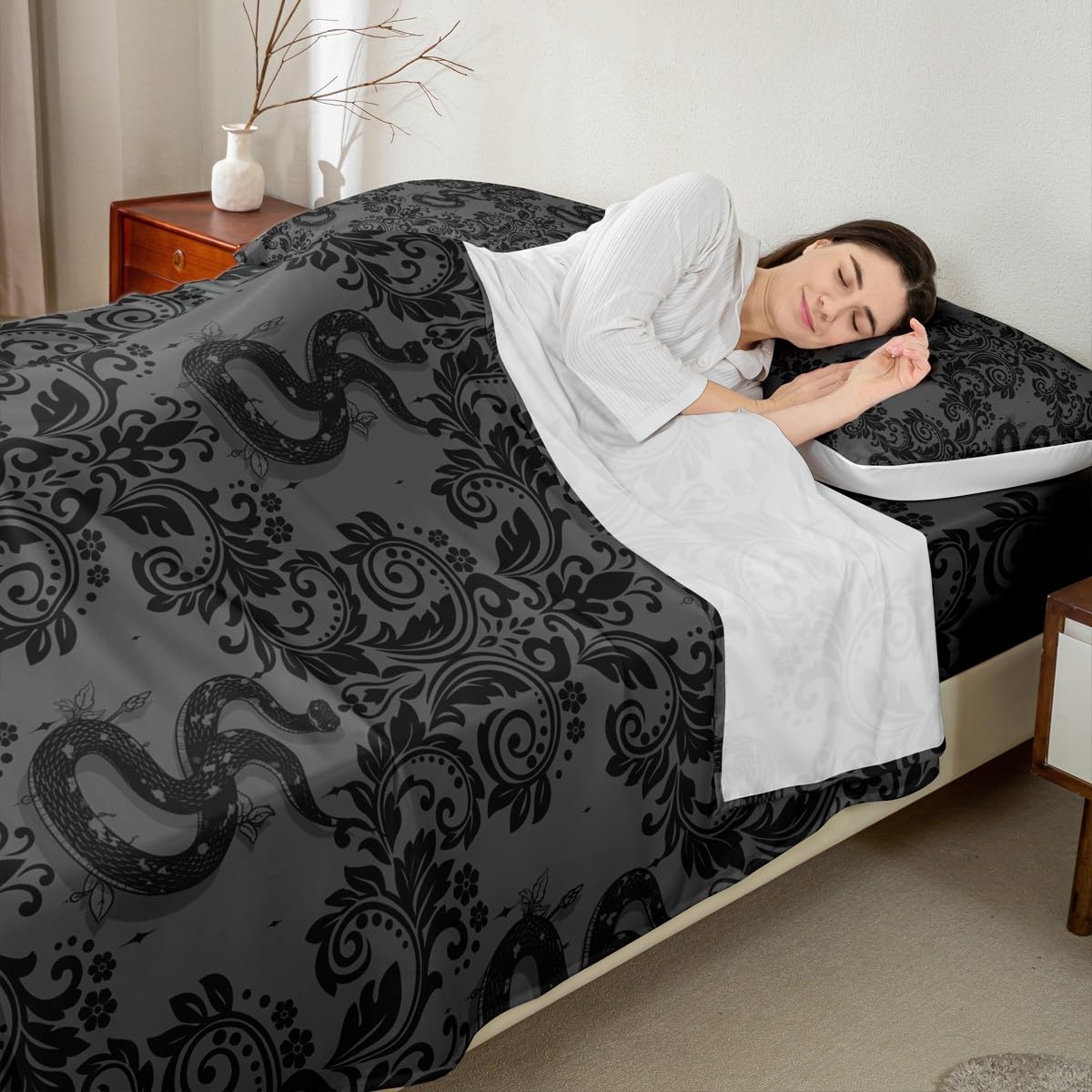 Feelyou Adults Gothic Bed Sheets Sets Full Size Kids Boys Girls Dark Olive Green Damask Print Bedding Set Snake Bed Sheet Set with 16-Inch Deep Pockets 4Pcs with 2 Pillow Cases