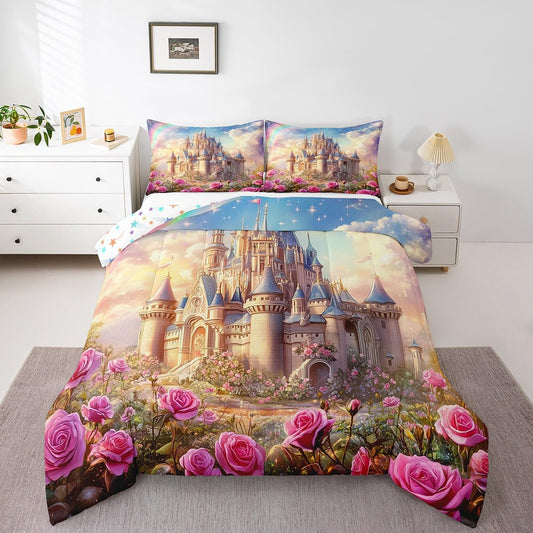 Cartoon Castle Kids Comforter Set Twin Size,Rose Flowers Tale Princess Dreamy Bedding Set,Girls Women Room Decor,Starry Sky Cloud Romantic Down Comforter,Pink Fashion Duvet Insert,1 Pillowcase
