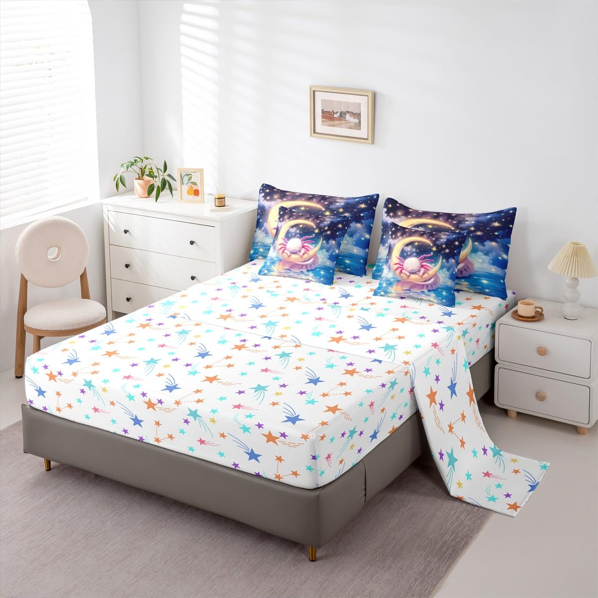 Erosebridal Kids Cute Axolotl Queen Comforter Set Teen Girl Cartoon Ocean Animal Bed in a Bag Preppy Dreamy Fantasy Axolotl 7-Piece Bedding Set Space Stars Galaxy Salamander Quilt Duvet Sets