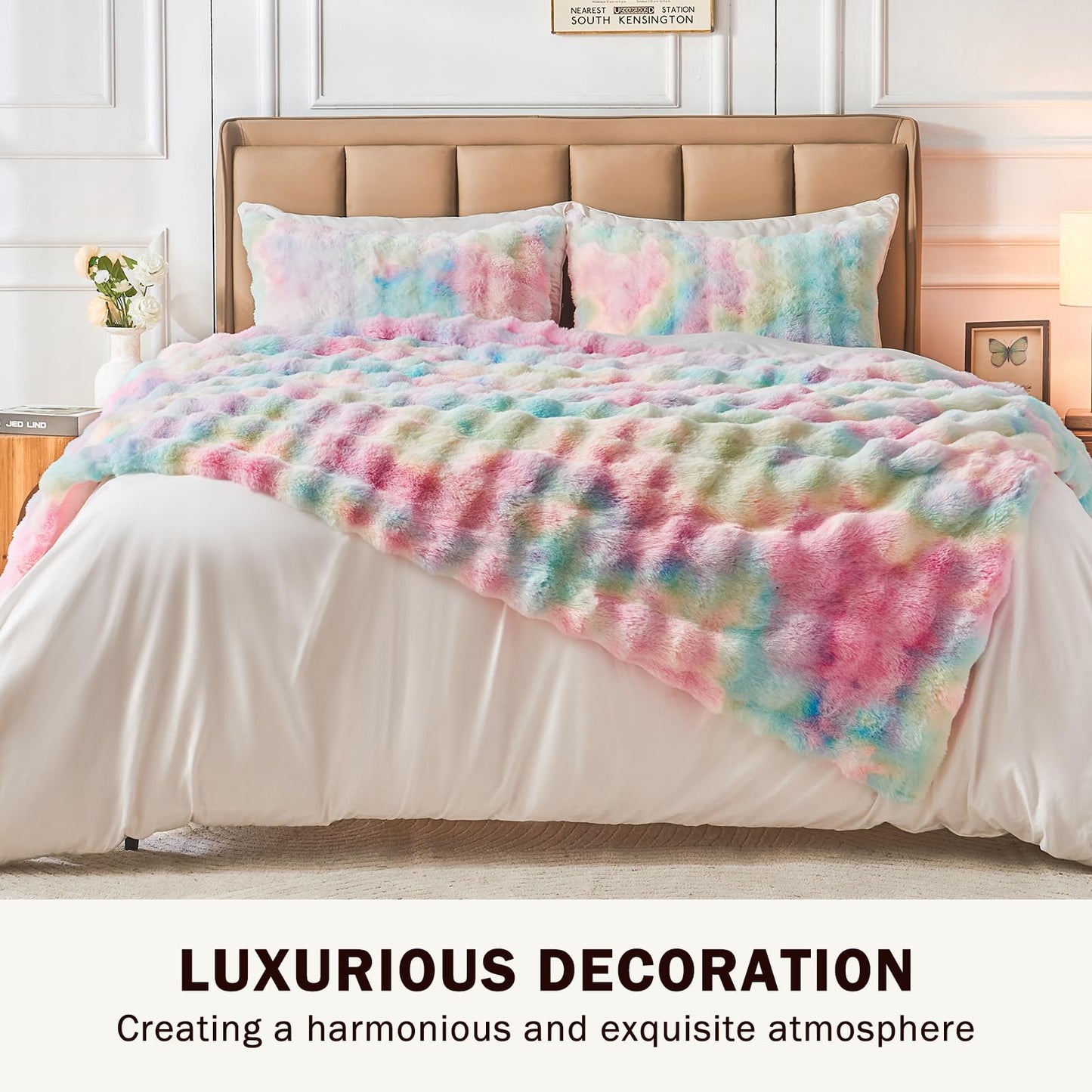 EMME Faux Fur Blanket King Size Rainbow - Big Bubble Rabbit Cozy Blanket for Couch, Thick Furry Plush Shaggy Blankets, 650GSM, 108x90 Inches