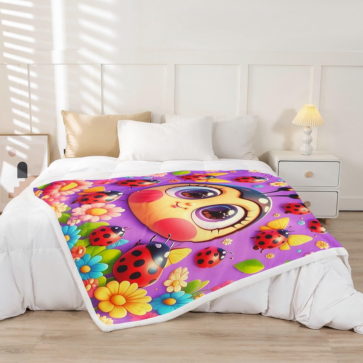 Erosebridal Cartoon Ladybugs Fleece Blankets Cute Ladybird Flowers Throw Bed Blanket Throw 50"X60" for Kids Boys Girls,Pink Blue Watercolor Floral Sherpa Blankets Kawaii Ladybugs Animal Fuzzy Blanket