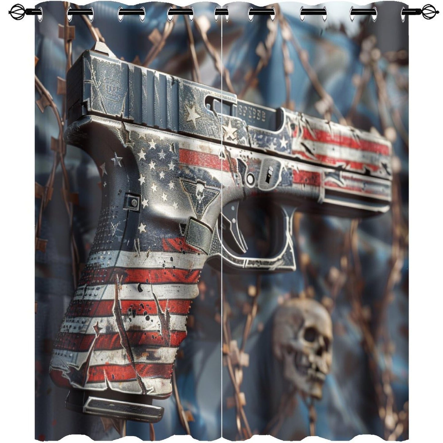 TOWINSFB American Flag Military Gun Blackout Curtains for Bedroom/Living Room, Gothic Skull War Theme Grommet Curtains Thermal Insulated Window Drapes, 2 Panels, Each 21W x 45L