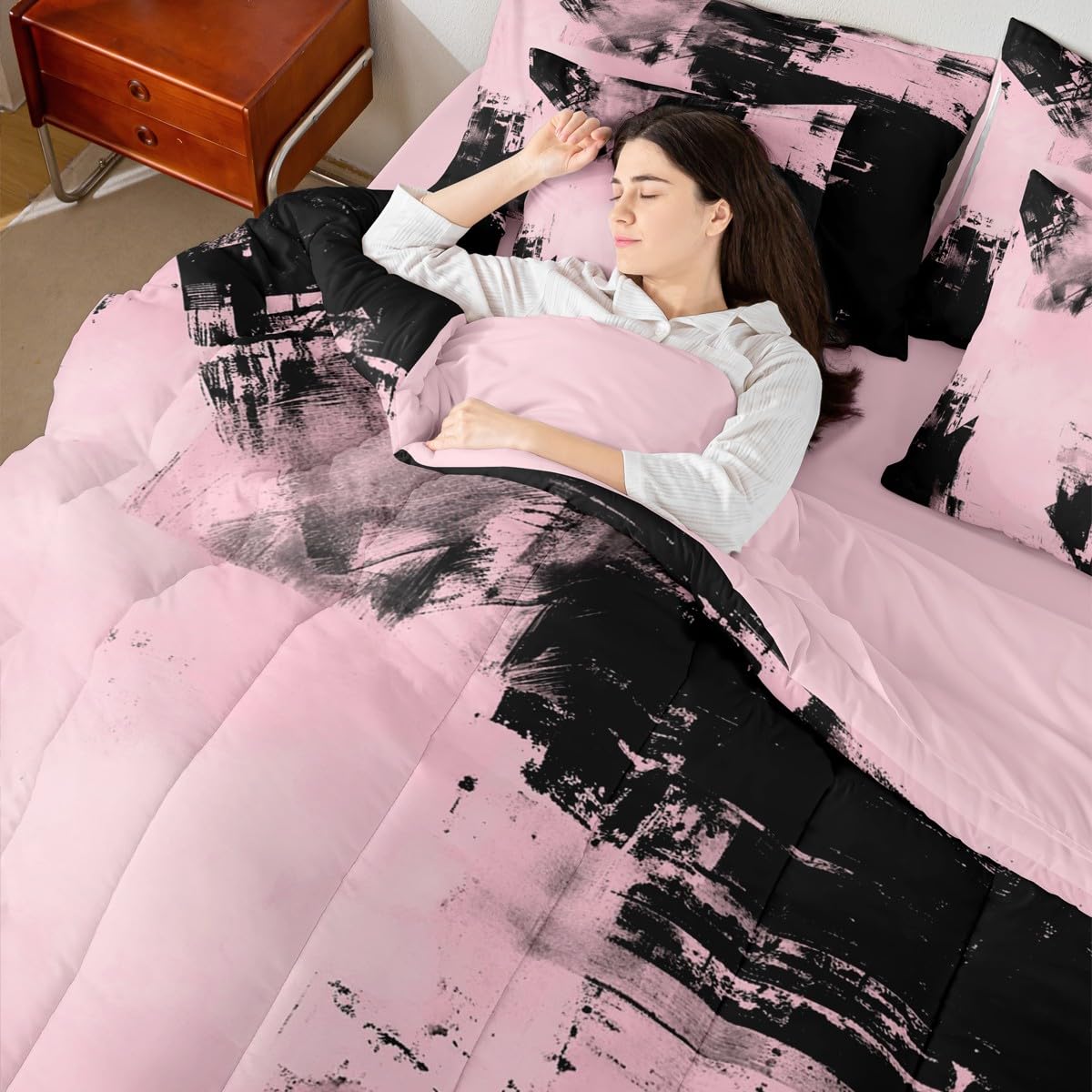 Feelyou Abstract Comforter Set King Size 7 Pieces Modern Abstract Art Bedding Set Luxury Bed in a Bag with Comforter, Sheets, Pillowcases, Cushion Covers Geometric Bedroom Decor Pink and Black