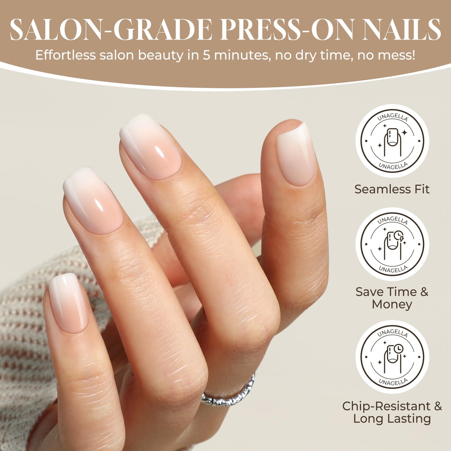 UNA GELLA Press On Nails Short Square : Ombre Soft Gel Press Ons Kit with Nail Glue Adhesive Tabs Nail File, 16 Sizes - 32Pcs Reusable Fake Nails, Nude Cream, Women Gift