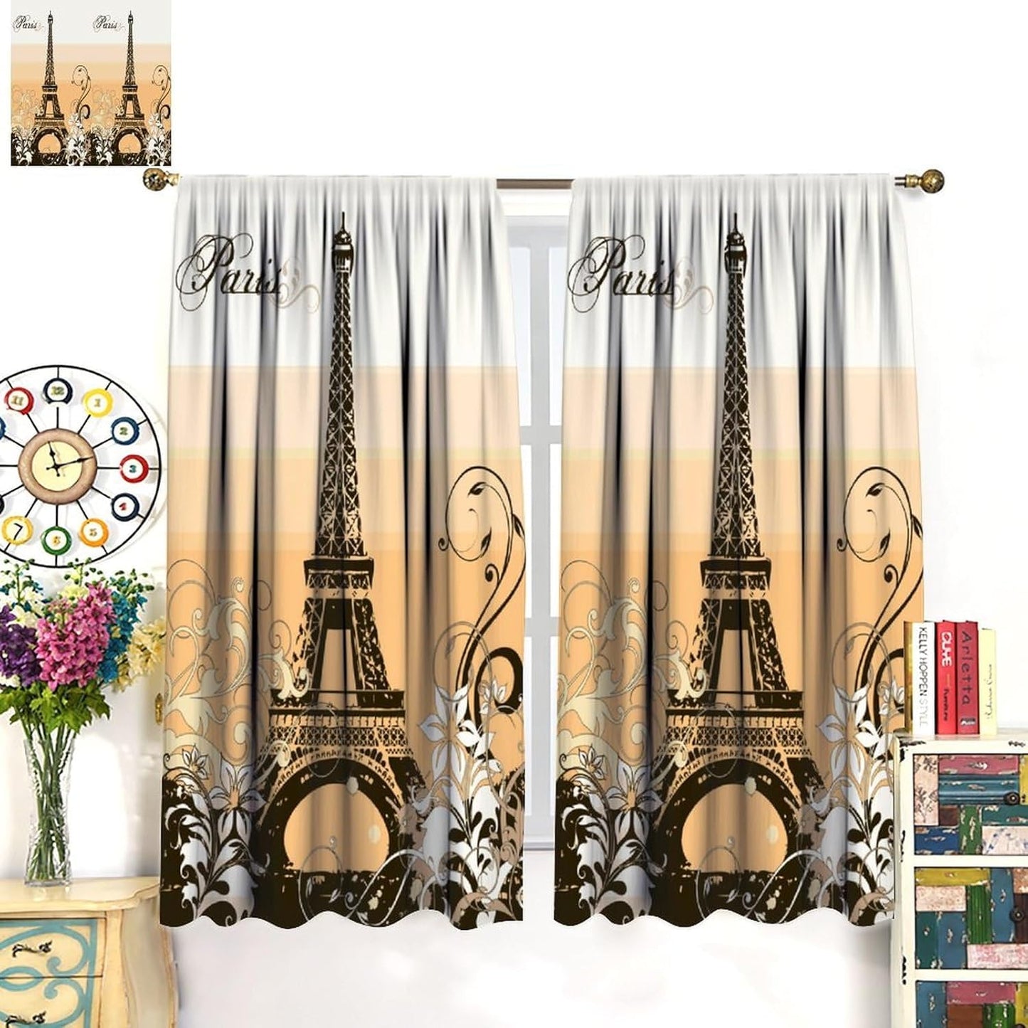HZOHNAGO Paris Eiffel Tower Curtains Retro Figure Vintage Golden Tower Pattern Blackout Print Rod Pocket Window Drapes for Bedroom Living Room 42x45in