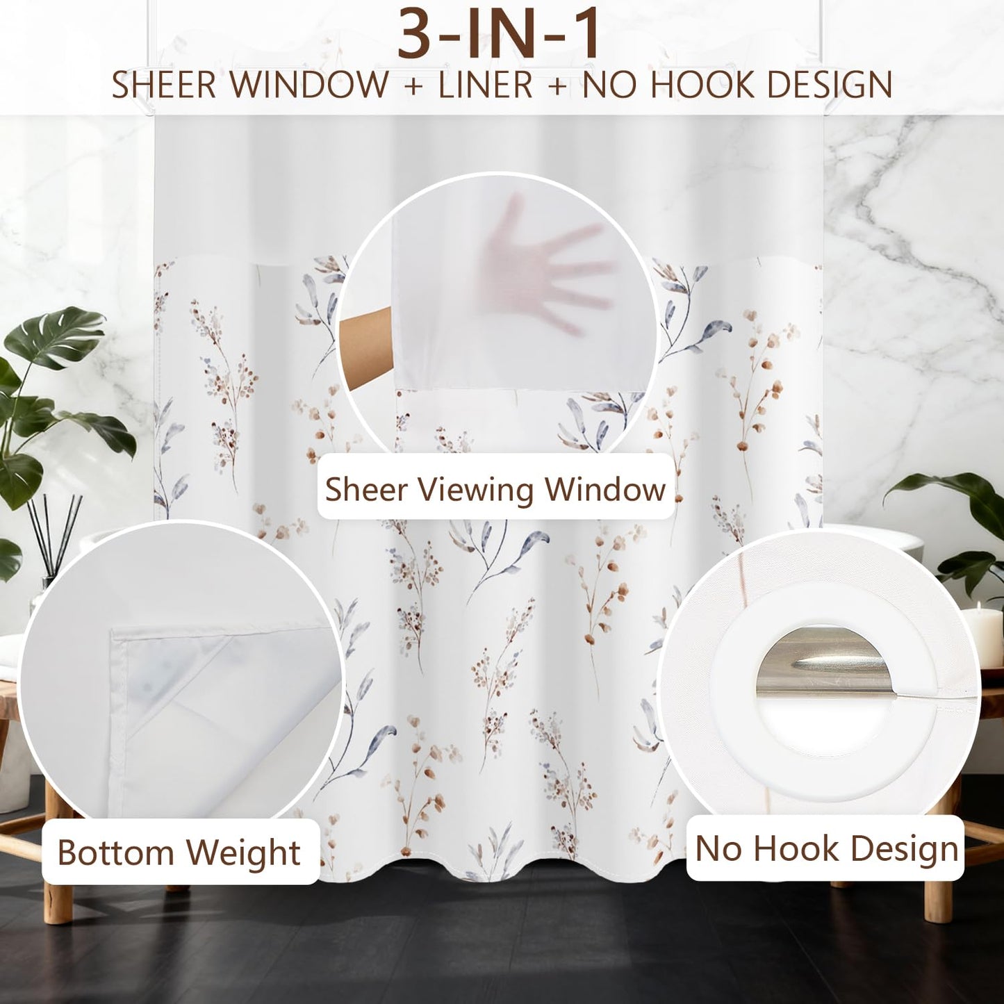 No Hook Shower Curtain with Snap in Fabric Liner Set, Waterproof & Washable, Boho Beige Floral Shower Curtains for Bathroom, Elegant Neutral Modern Hotel Botanical Flower Bathroom Curtain, 71x74 inch