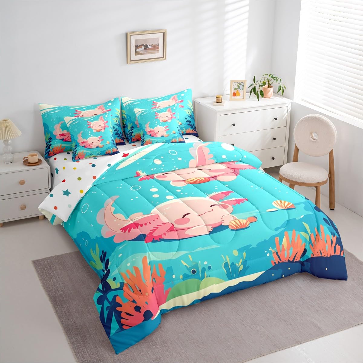 Erosebridal 7 Pieces Kawaii Pink Axolotls Bed in A Bag for Teen Girl - Queen Size Kids Blue Cartoon Ocean Sea Comforter Set with Sheets Girly Cute Animal Bedding Set Axolotls Marine Life Bed Sets