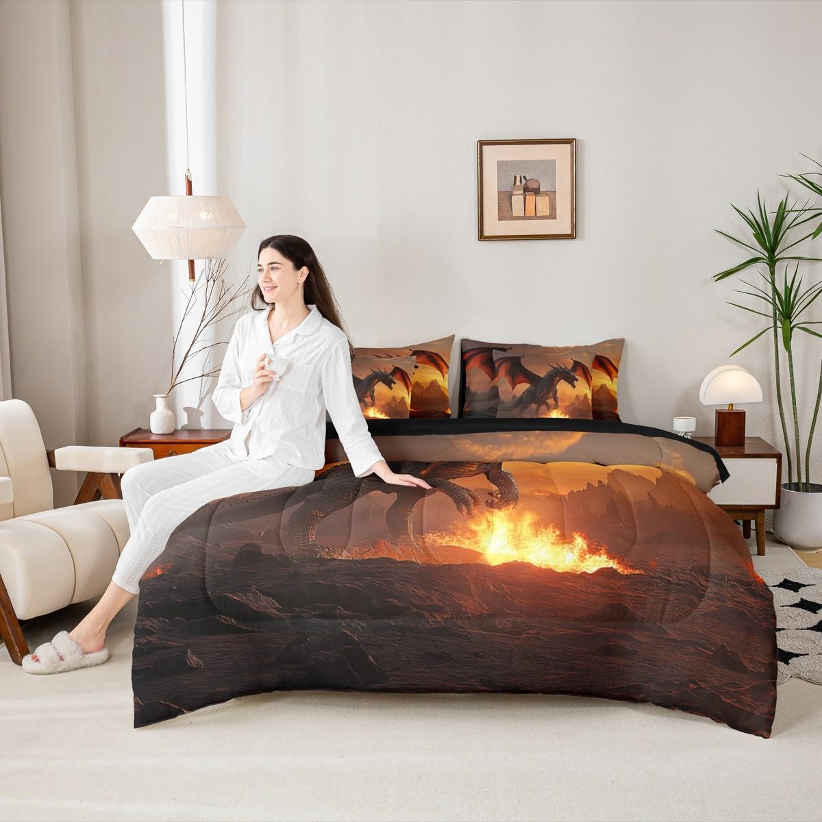 Erosebridal Fire Dragon Comforter Sets with Sheets - Wildlife Animal Theme Bedding Set Queen for Boys Girls 3D Wild Animal 7Pcs Bed in A Bag Fierce Dragon Bed Set