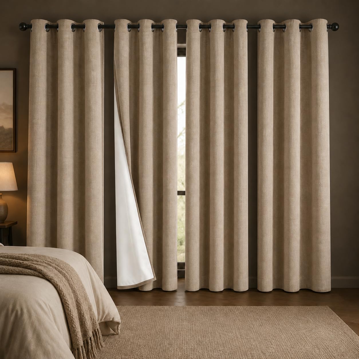 Fchozu 100% Blackout Curtains Set of 4 Panels, Grommet Drapes, Thermal Insulated and Noise Reducing Room Darkening Curtains for Bedroom Living Room