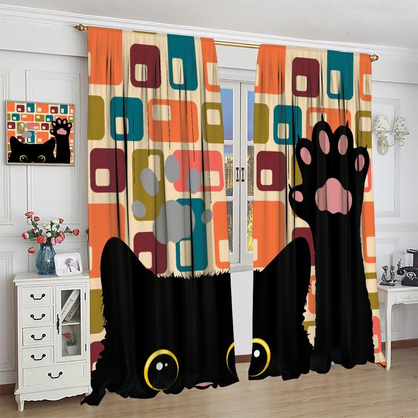 XBDDZSW Funny Cat Cute Cartoon Kids Curtains Modern Retro Boho Minimalism Abstract Geometric Background Kids Bedroom Living Room Decorative Blackout Curtains W42 * L45inch