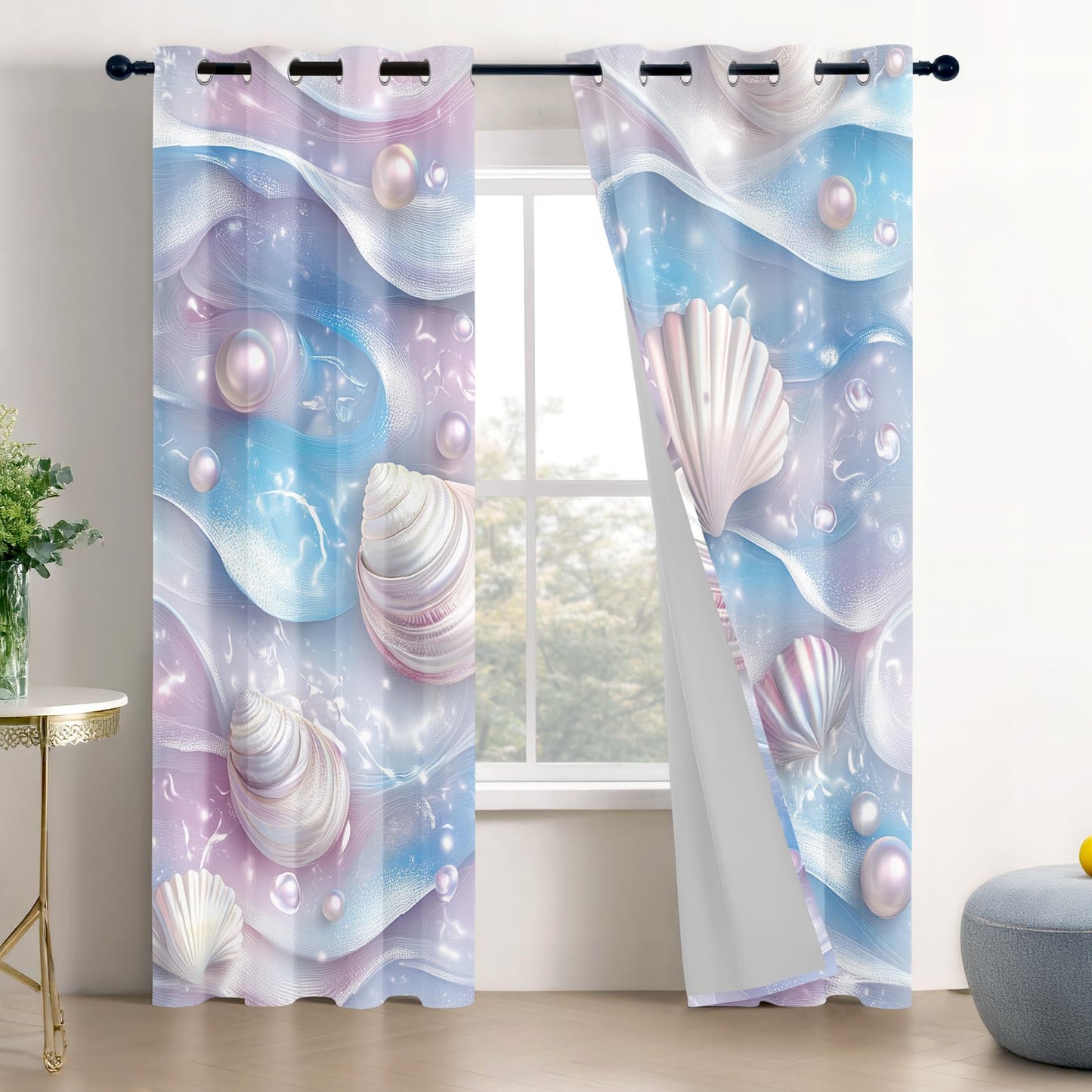 Nautical Blackout Curtains for Bedroom Living Room, Seashell Pastel Ocean Beach Coastal Patterned Window Treatments, Room Darkening Thermal Insulated Grommet Drapes, 45 Inch Curtains 2 Panel Set