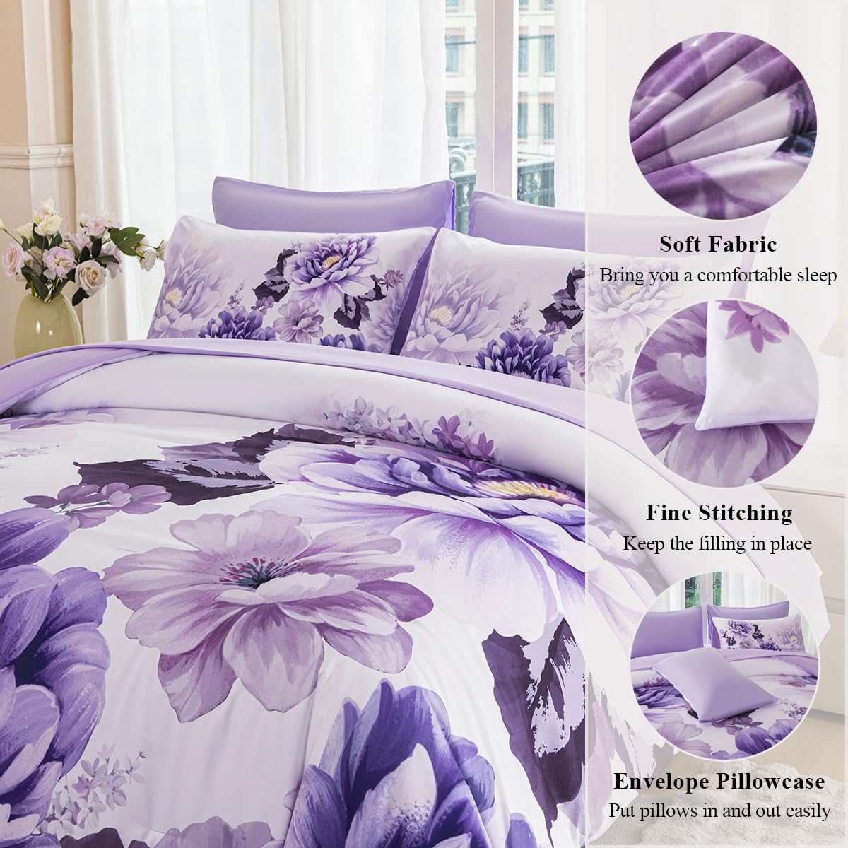 ZSYAYAHA Purple Comforter Set Queen 7 Pieces Floral Bedding Set for Women Flower Bed Set Soft Reversible Pink Peony Bed in A Bag with Sheets(Purple, Queen)