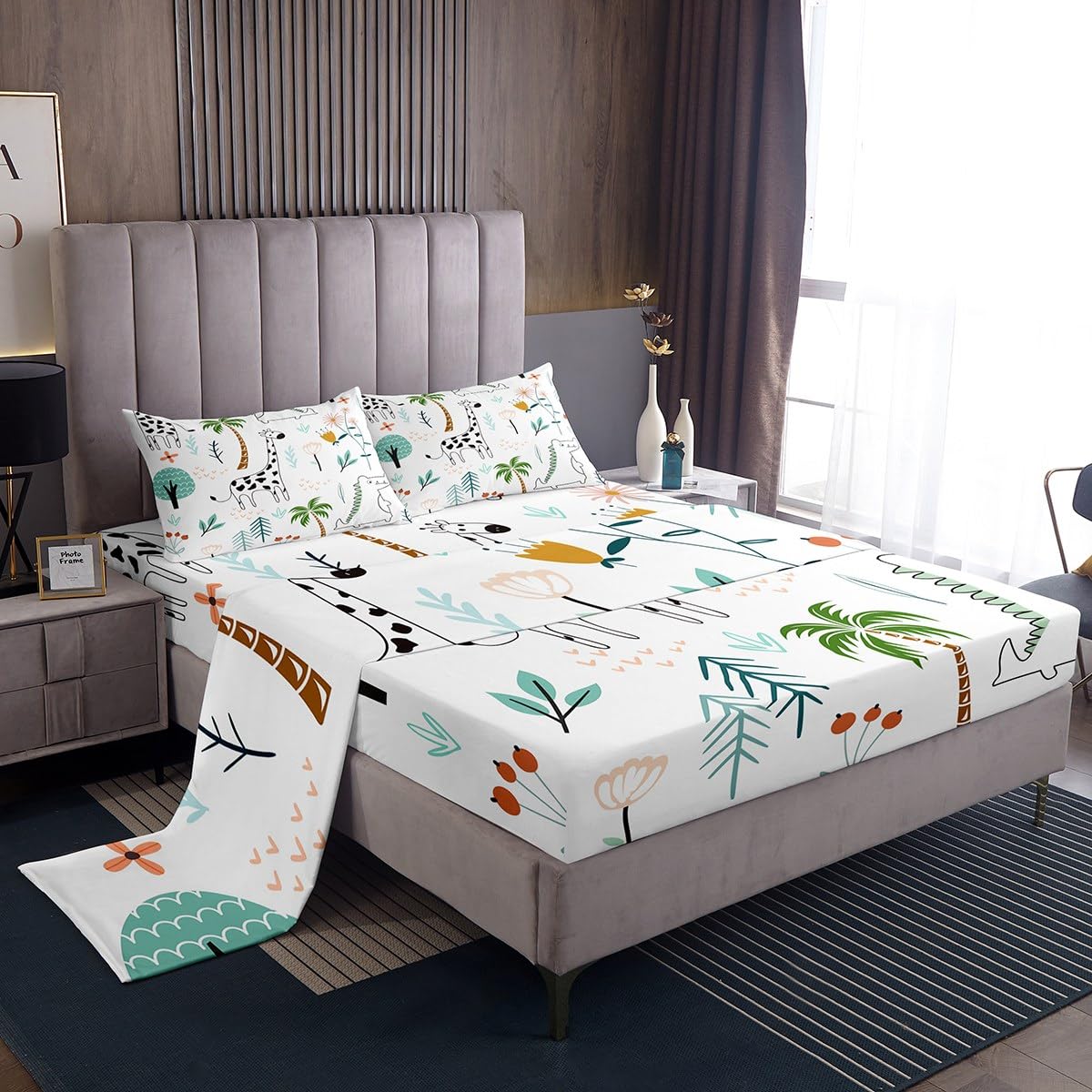 Cute Giraffe Bed Sheet Set for Kids,Cartoon Dinosaur Sketch Sheets Set,Coconut Tree Flowers Wildlife Home Decor Sheet Sets with Deep Pocket,Top Sheet,1 Pillow Case,Twin