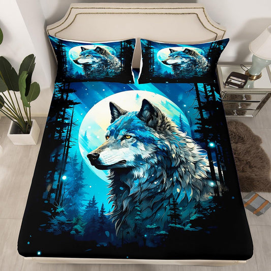 Wolf Fitted Sheet Queen Size,Nature Tree Jungle Mountain Bed Sheet Moon Night Starry Sky Bedding Set 3Pcs for Kids Boys Teens Men Room Decor,Wild Animals Theme Deep Pocket Sheet,2 Pillowcases