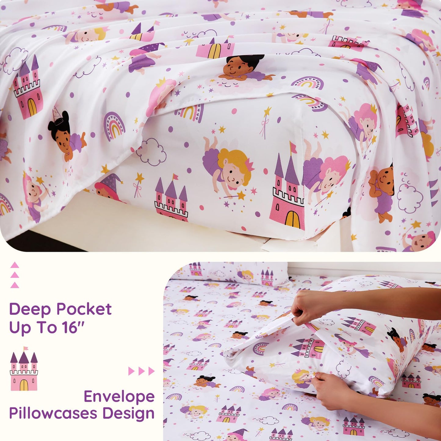MCO Fairy Castle Kids Full Size Bed Sheets, Soft Microfiber 4 Pieces Breathable Bed Sheet Set for Boys and Girls