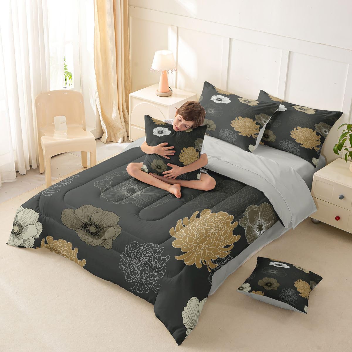 Feelyou Floral Flower 7 Piece Bedding Set Grey Brown Comforter Set with Sheets for Kids Boys Girls Poppy Flower Hydrangea Bed in a Bag Damask Print Bed Set Soft Lightweight