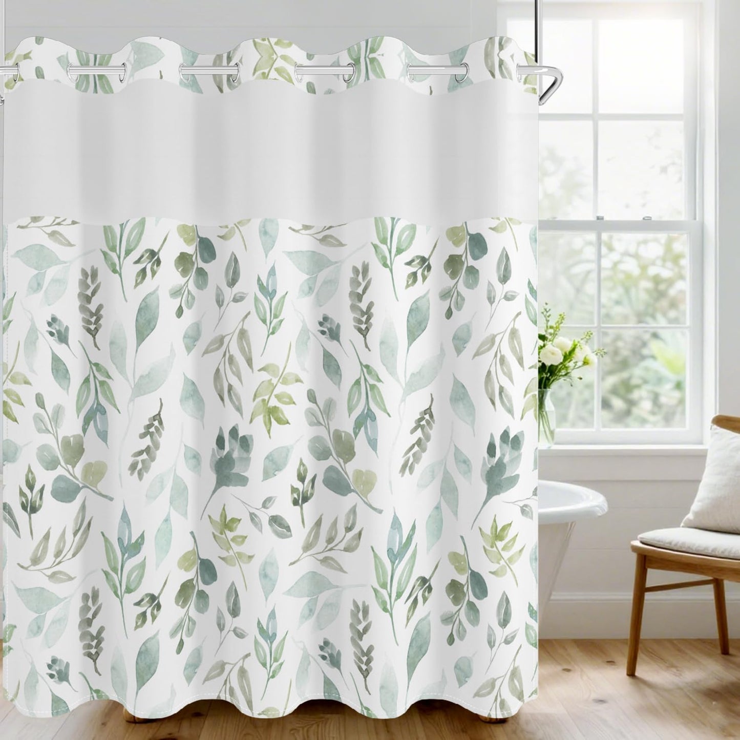 No Hook Shower Curtain with Snap in Fabric Liner Set, Waterproof & Washable, Boho Green Botanical Leaf Floral Shower Curtains for Bathroom, Rustic Modern Hotel Style Plant Bathroom Curtain, 71x74 inch
