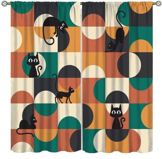 ICMOLYYENLO Mid Century Black Cat Curtains - Modern Abstract Geometric Pattern - Retro Living Room & Kitchen Decor - Blackout 42x45 Inches 2 Panels