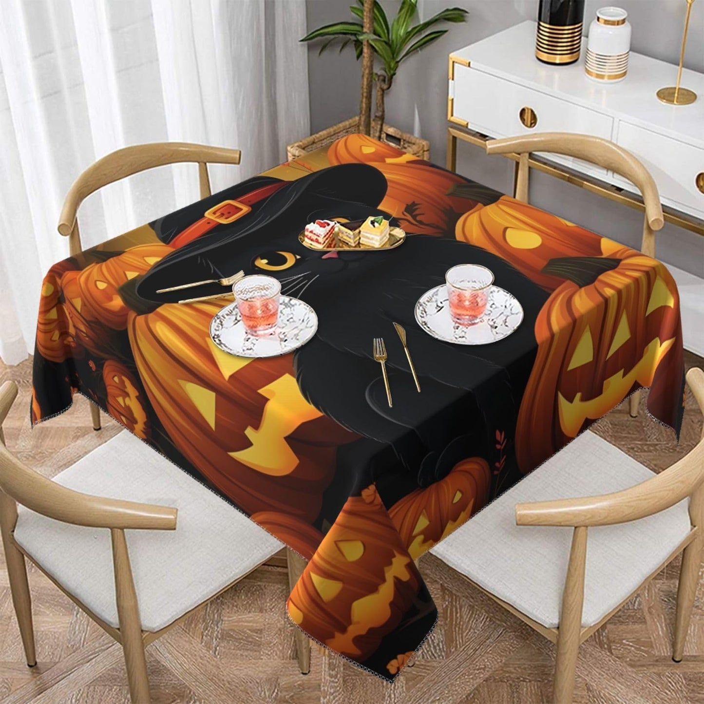 Entemne Square Table Cloth 55x55 Inch Halloween Pumpkin Pattern Cut Cat Tablecloth Washable Soft Wrinkle Free Dust Proof Card Table Cover for Tea Party Picnic Kitchen Dining Decor