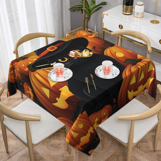 Entemne Square Table Cloth 55x55 Inch Halloween Pumpkin Pattern Cut Cat Tablecloth Washable Soft Wrinkle Free Dust Proof Card Table Cover for Tea Party Picnic Kitchen Dining Decor