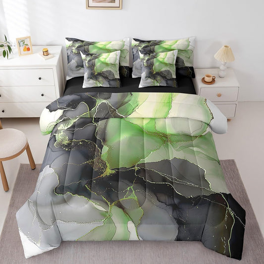 Erosebridal Black and Green Bed in a Bag 7pcs Aesthetic Marble Bedding Set for Girls Women, Foil Print Full Size Comforter Set Mountain Fluid Bedding Comforter Sets, Marbling Bed Set