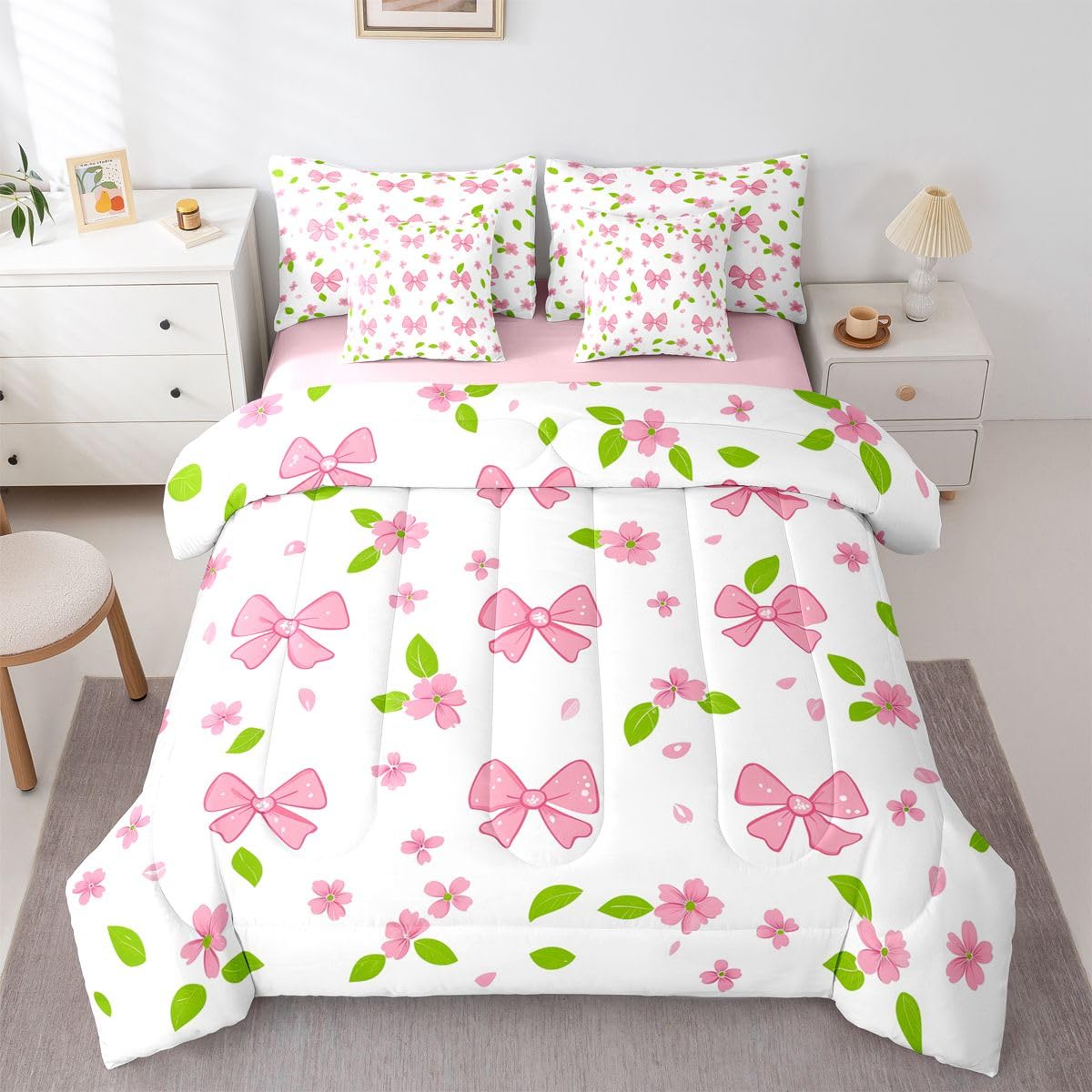 Erosebridal Pink Bow Knot Comforter Set Cherry Blossoms Bed in A Bag Queen Size 7 Pieces Pink Bow Tie Bed Set Room Decor Dreamy Kawaii Japanese Bedding with Sheets