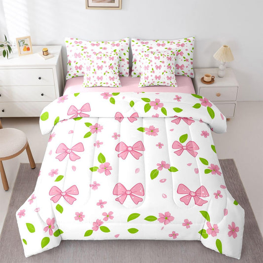 Erosebridal Pink Bow Knot Comforter Set Cherry Blossoms Bed in A Bag Queen Size 7 Pieces Pink Bow Tie Bed Set Room Decor Dreamy Kawaii Japanese Bedding with Sheets