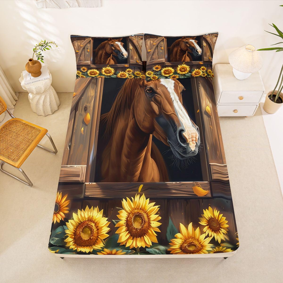 jejeloiu Farm Horse Bed Sheets Set Queen Size Brown Wood Grain Print Bed Set for Kids Boys Girls Sunflower Animal Deep Pocket Fitted Sheet Country Farmhouse Breathable Soft Lightweight Microfiber