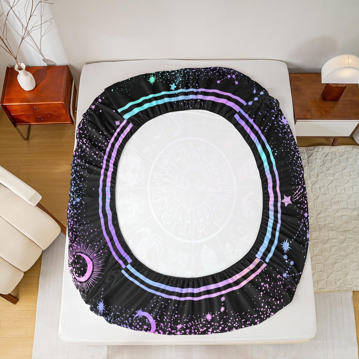 Sun Moon Bed Sheets Zodiac Astrology Bedding Set King Constellations Galaxy Sheet Set Spiritual Gifts for Girls Teens Women,Trippy Leo Aquarius Fitted Sheet Purple Blue Flat Sheet + 2 Pillow Cases