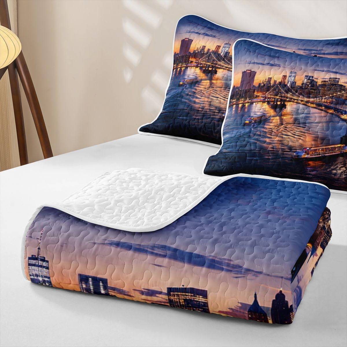 Erosebridal New York City Quilt Set Twin Cityscape Quilted Bedding Manhattan Skyline Bridge Bedspread Coverlet Sunset Scenery Quilt Comforter Lightweight Quilted Blanket for Hot Sleepers Boys Girls
