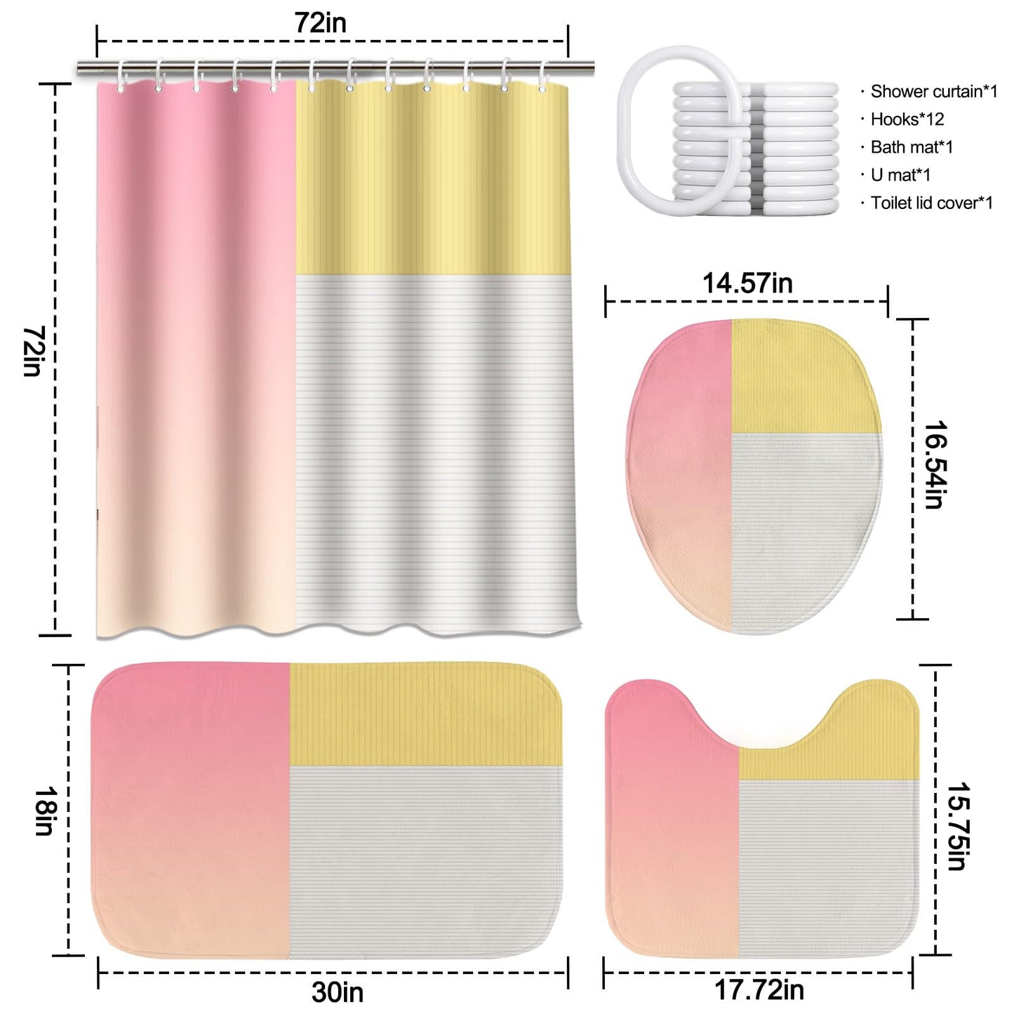 4 Pcs Pink Yellow Beige Bathroom Sets with Shower Curtain Set and Non-Slip Rugs for Bathroom, Modern Bathroom Shower Curtain Sets with Rugs and Accessories
