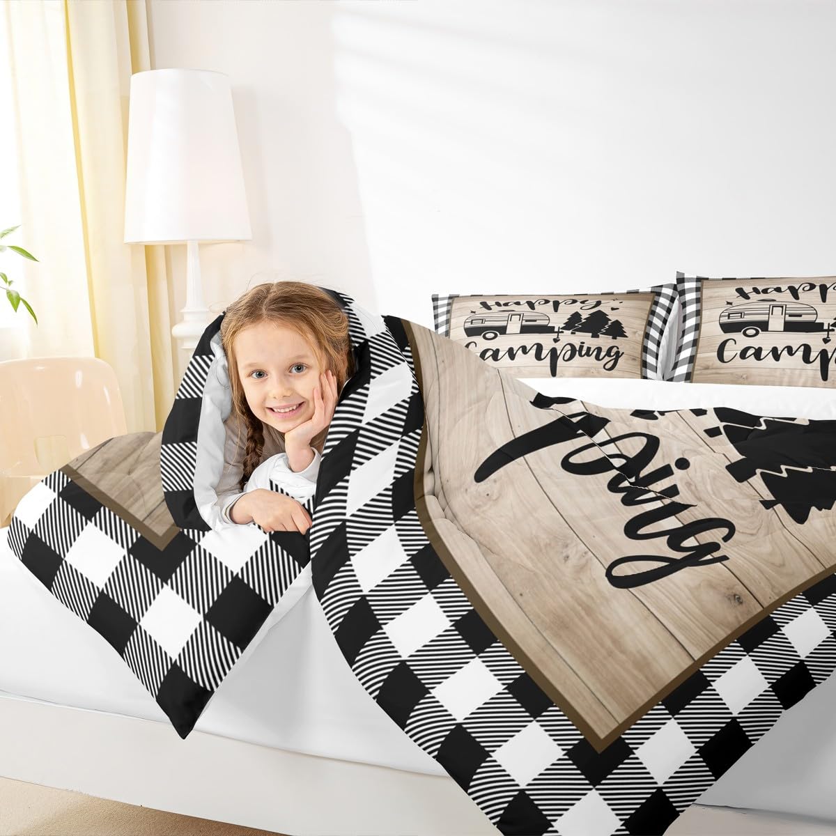 Grid Camper Comforter Set Queen Size for Kids Teens Adults Home Room Decor,Brown Rustic Farmhouse Barn Bedding Set 3pcs,Cartoon RV Trailer Pine Quilt Set Happy Camping Duvet Insert,2 Pillowcases