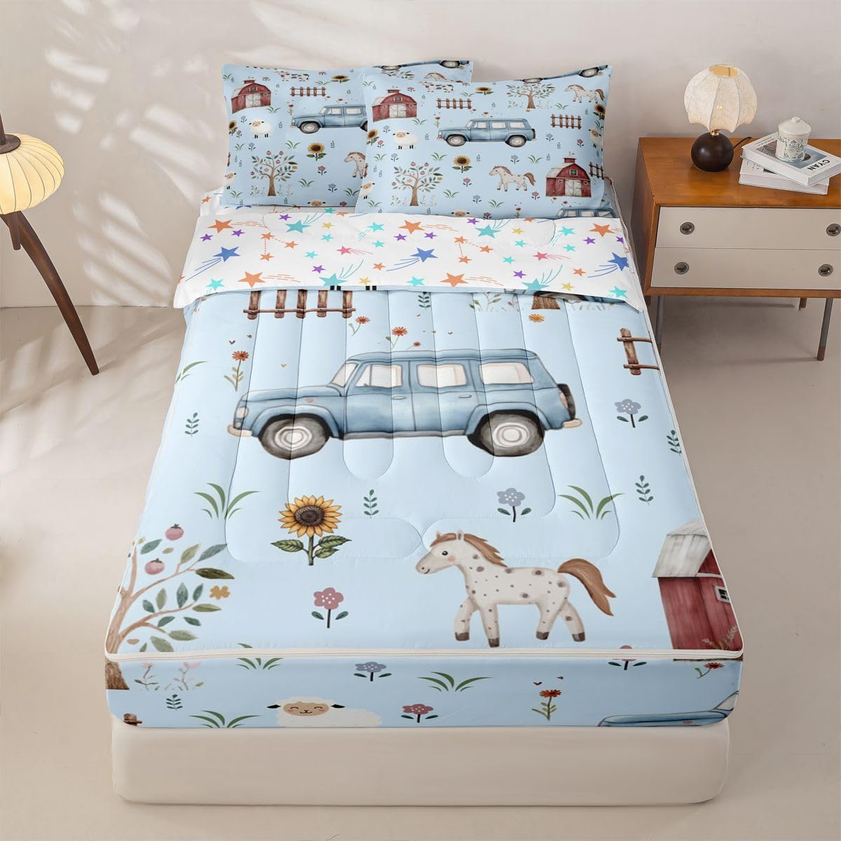 Erosebridal Farm Animal Twin Zipper Bedding Cartoon Tractor Kids Comforter Set with Fitted Sheet Rustic Barn Door 3 Pcs Bed in a Bag Set Farmhouse Horse Sheep Cow Sunflower Floral Zip Up Bedding Sets