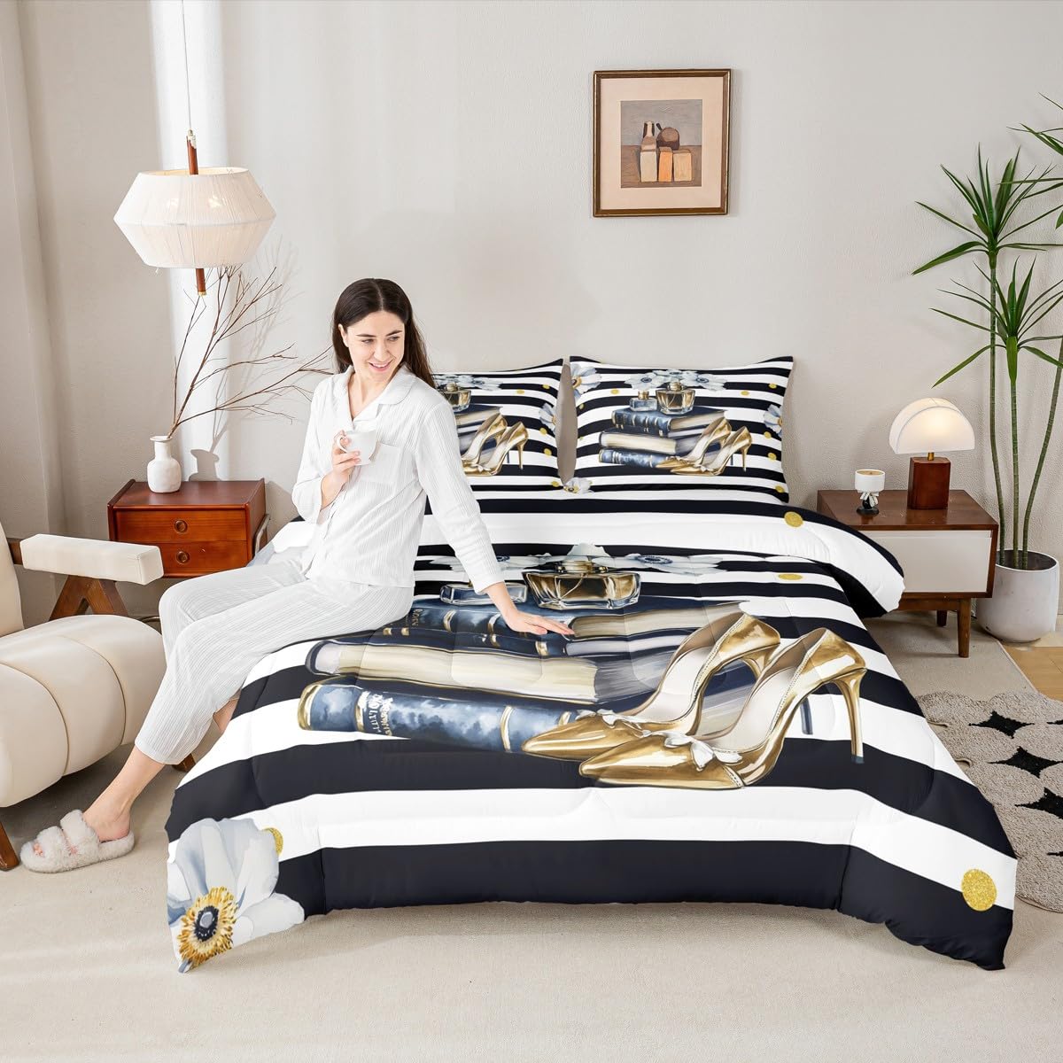 Erosebridal Fashion Comforter King Size for Girls Teens Women Black White Stripes Bedding Set Blue Gold Floral & Oil Painting Book Modern Duvet Insert Perfume High Heels Bed Sets