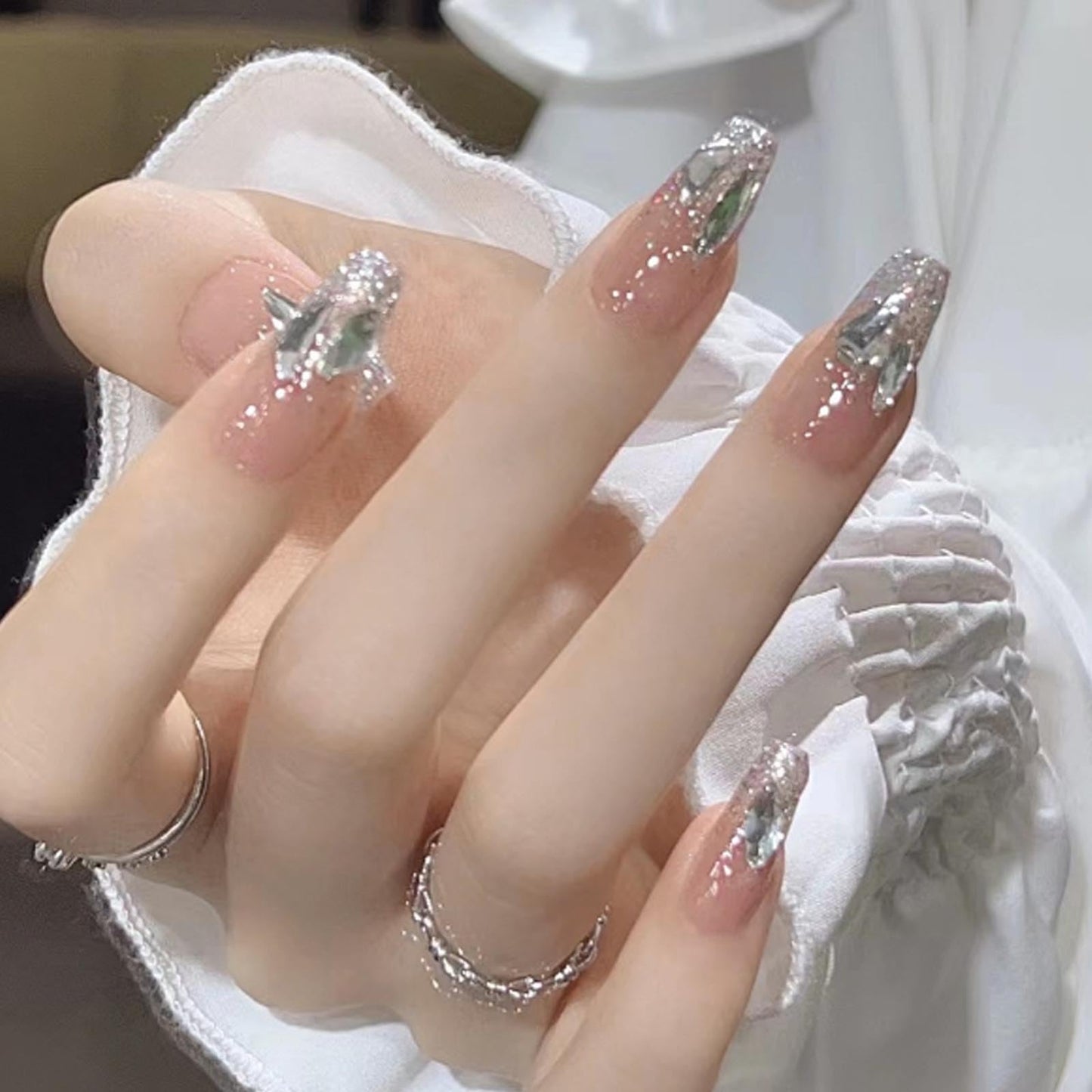 Hkanlre Rhinestones Press on Nails Nude Long Fake Nails Tips Full Cover Coffin False Nails for Women and Girls 24PCS