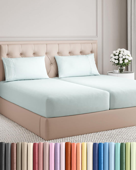 Split King Size 5 Piece Sheet Set - Comfy Breathable & Cooling Sheets - Hotel Luxury Bed Sheets for Women & Men - Deep Pockets, Easy-Fit, Soft & Wrinkle Free Sheets - Ice Blue Oeko-Tex Bed Sheet Set