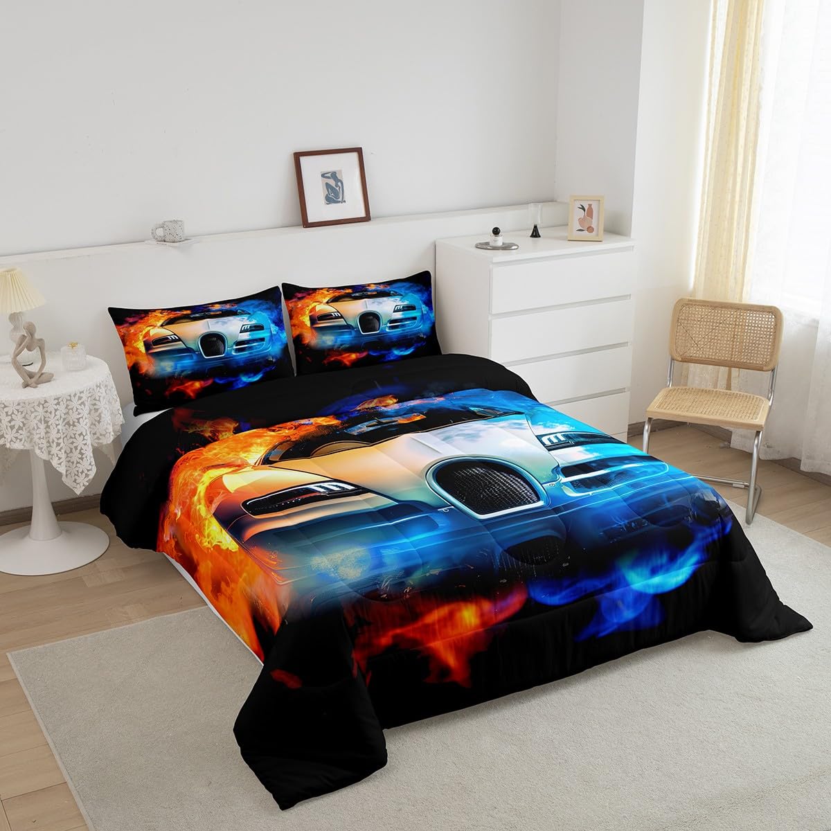 Feelyou Kids Sports Car Bedding Set Luxury Yin Yang Race Car Bedding Set for Boys Girls Men Extreme Sports Theme Comforter Cool Speed Racing Car Comforter Set Bedroom Collection 2Pcs Twin Size