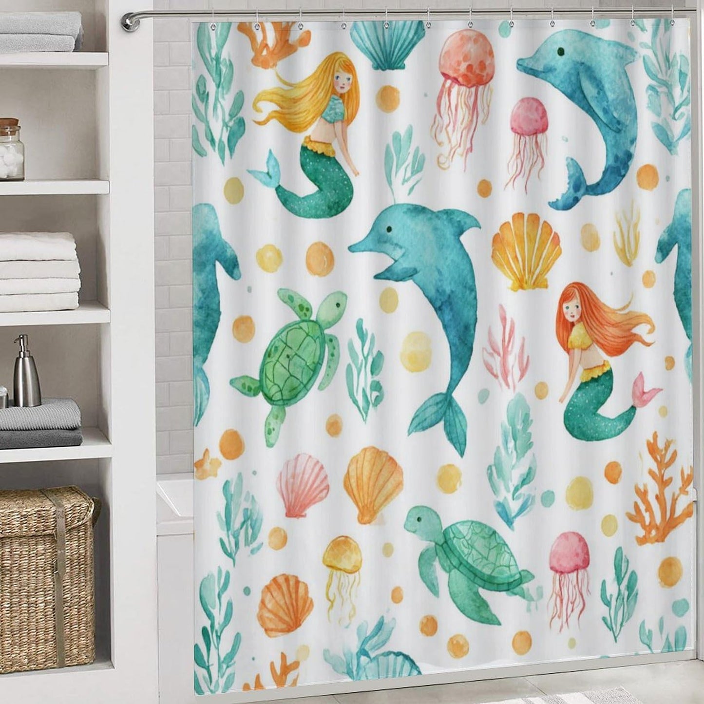 INSFBRB Cartoon Cute Dolphin Shower Curtain Sets with Rug,Toilet Lid Cover and Bath Mat,Watercolor Colorful Sea Dolphins Sea Turtle Jellyfish Seashell Mermaid 4 Piece Bathroom Set