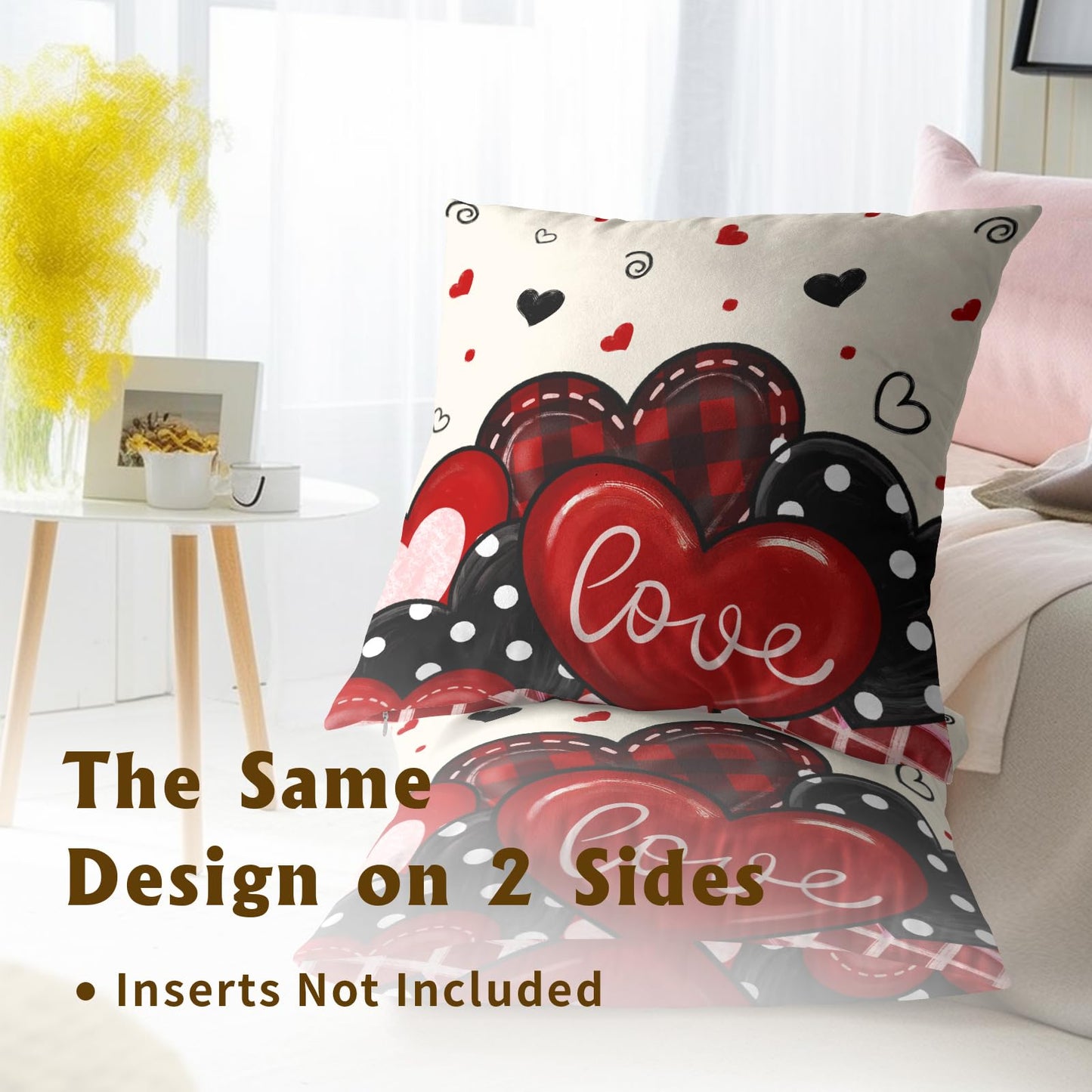 Mweet Valentines Day Pillow Covers 18x18 Inch Set of 2, Red Black Plaid Dots Hearts and Love Design Square Pillowcases for Sofa Couch Bed Chair Indoor Outdoor Home Decor