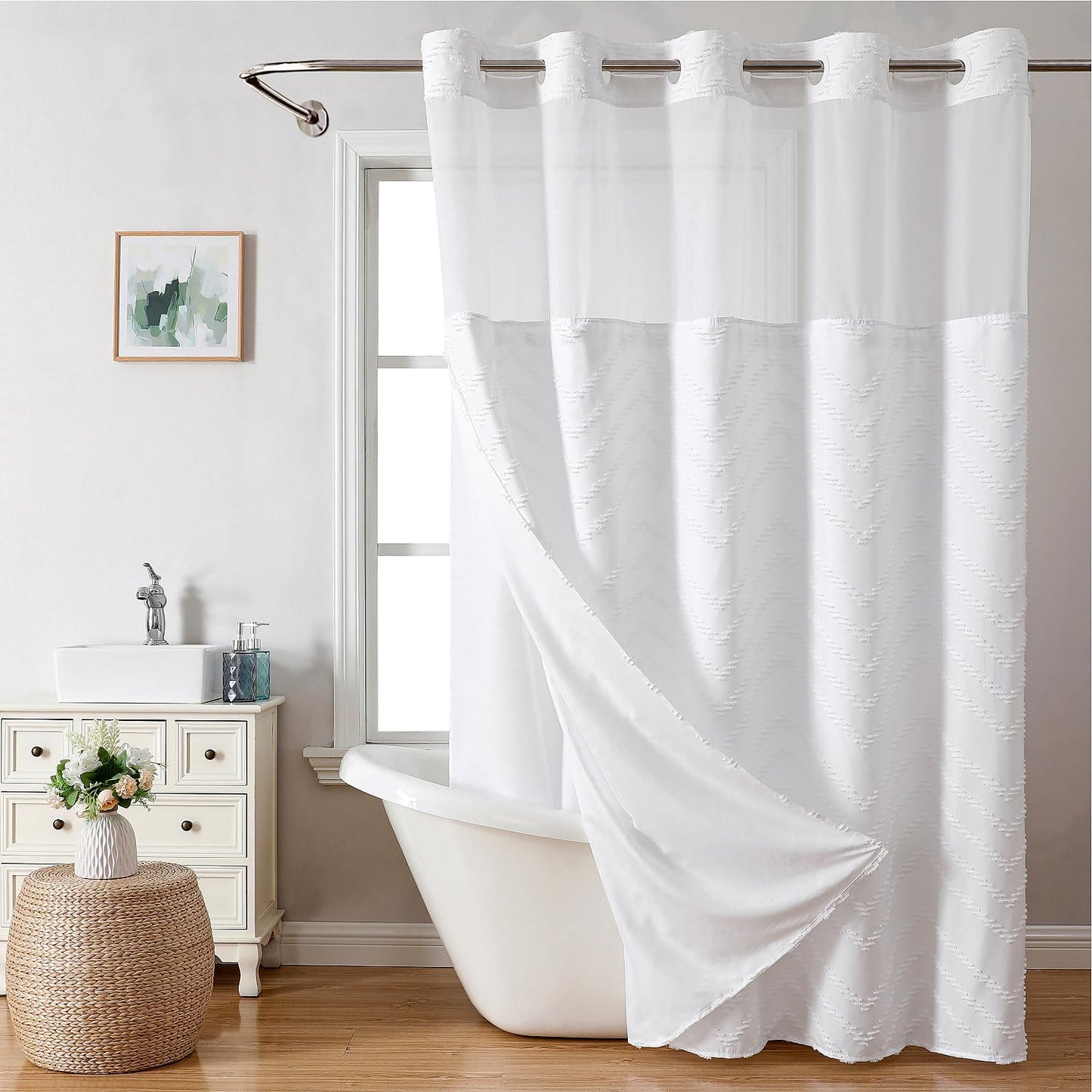 eachope No Hook Tufted Chevron Striped Shower Curtain with Snap-in Fabric Liner set-71Wx74H,Hotel Grade,Boho Style Waterproof Shower Curtain with See Through Top Window,White